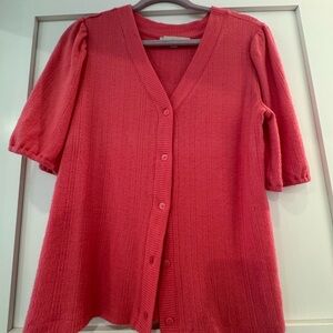 LOFT Pink Puff Sleeve Button Down Cardigan
